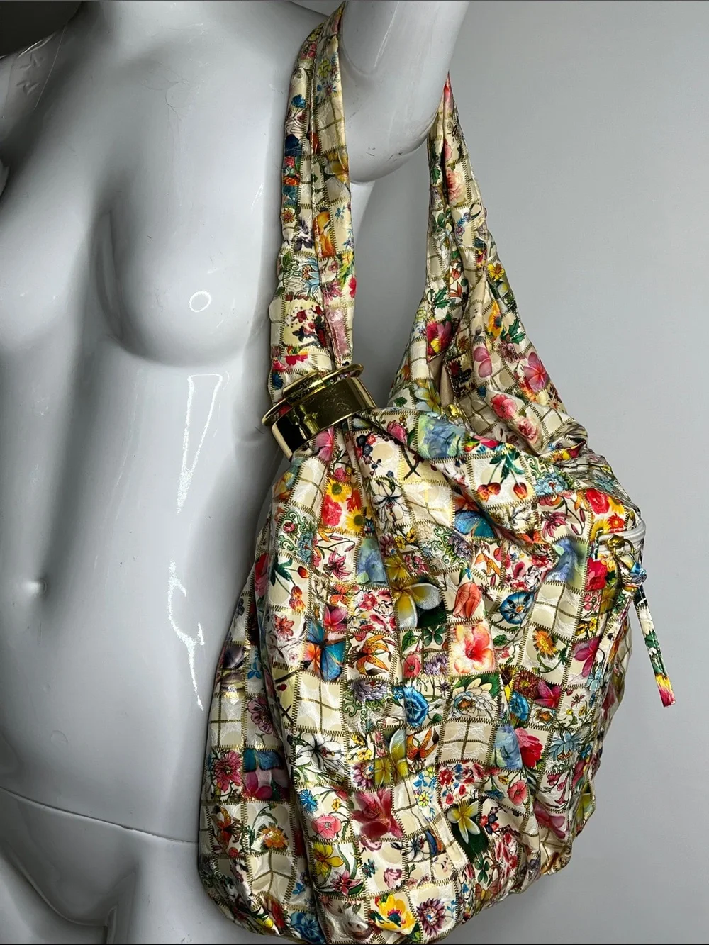 Large Slouchy Zip Hobo Bag Coated Nylon Botanical Floral Print Goldtone Hardware